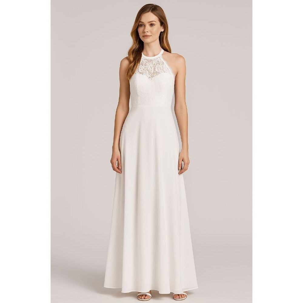 Lulu's Halter Neck White Open Back Lace Maxi Formal Dress M